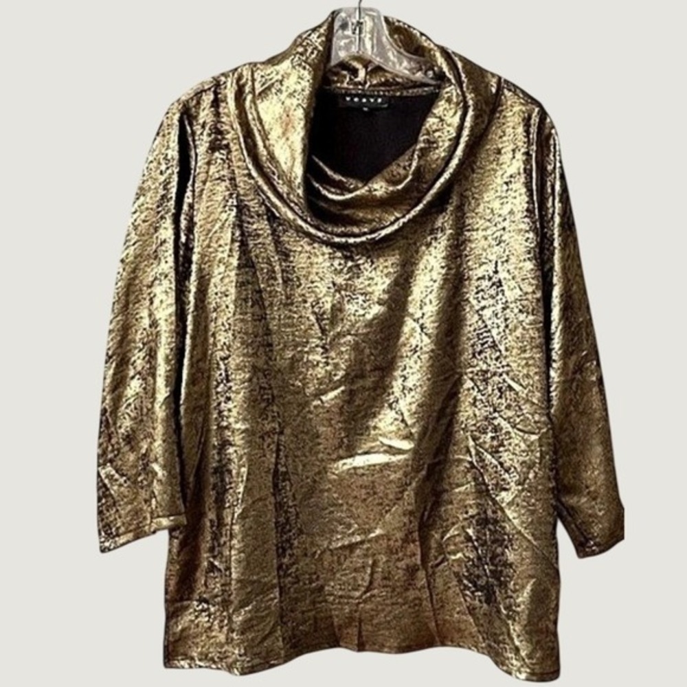 Weavz Metallic Gold Cowl Neck Tunic Party Blouse Top Womens Medium 3/4 Sleeve